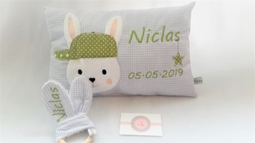 ★ 35x23 cm Kissen Geburt Hase Junge Name ★ von Lüttentüddel Einschulung Taufe KITA Geburt Geburtstag