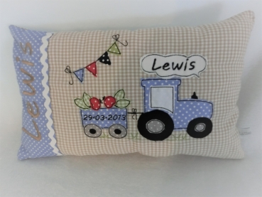Preview: ★ 35x23 cm Kissen Geburt Traktor Trecker Name ★ von Lüttentüddel