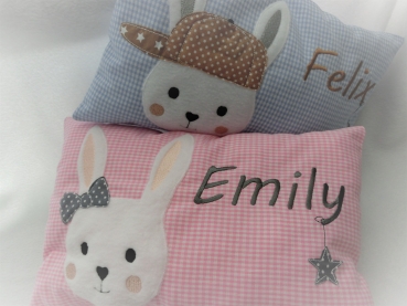 Preview: ★ 35x23 cm Kissen Geburt Hase Junge Name ★ von Lüttentüddel Einschulung Taufe KITA Geburt Geburtstag