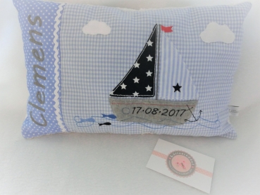 Preview: ★ 35x23 cm Kissen Geburt Einschulung KITA Kissen to go Boot Segelboot Name ★ von Lüttentüddel