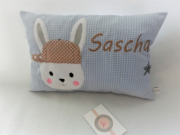 ★ 35x23 cm Kissen Geburt Hase Junge Name Taufe Wunschname Einschulung KITA Kissen to go... ★ von Lüttentüddel