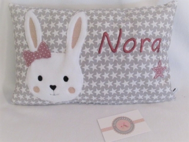 ★ 35x23 cm Kissen ★ Geburt Hase Mädchen Name Sternchen grau ★ von Lüttentüddel ★
