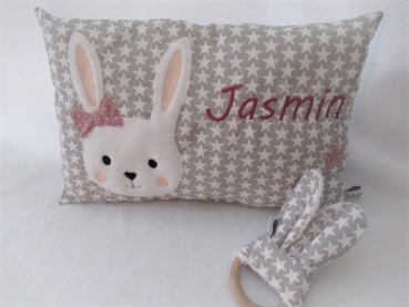 ★ 35x23 cm Kissen Geburt Hase Mädchen Name ★ KITA Einschulung Taufe Geschenk Geburtstag Wunschname Name von Lüttentüddel