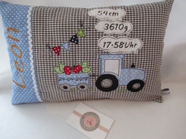 Preview: ★ 35x23 cm Kissen Geburt Traktor Trecker Name ★ von Lüttentüddel