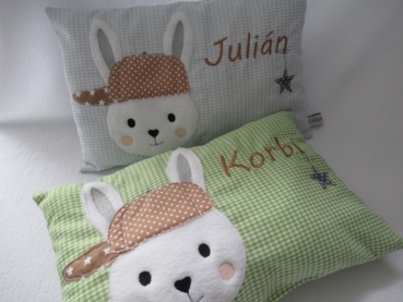 Preview: ★ 35x23 cm Kissen Geburt Hase Junge Name Taufe Wunschname Einschulung KITA Kissen to go... ★ von Lüttentüddel