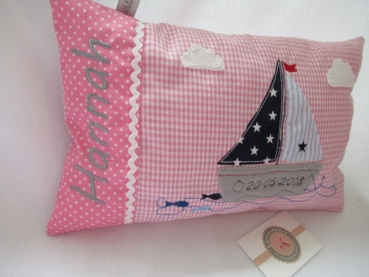 Preview: ★ 35x23 cm Kissen Geburt Taufe Einschulung KITA  Boot Segelboot Name Schmusekissen ★ von Lüttentüddel