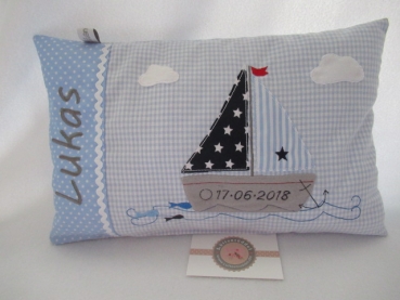 ★ 35x23 cm Kissen Geburt Taufe Einschulung KITA  Boot Segelboot Name Schmusekissen ★ von Lüttentüddel
