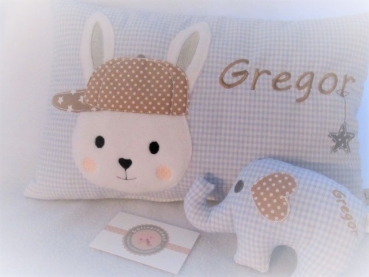★ 35x23 cm Kissen Geburt Taufe Kita Einschulung Hase Junge Name ★ von Lüttentüddel