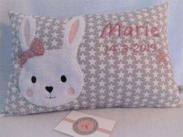 ★ 35x23 cm Kissen ★ Geburt Hase Mädchen Name Sternchen grau ★ von Lüttentüddel ★