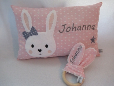 ★ 35x23 cm Kissen Geburt Hase Mädchen Name Herzen Einschulung Geburt Taufe ★ von Lüttentüddel