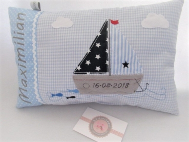 Preview: ★ 35x23 cm Kissen Geburt Einschulung KITA Kissen to go Boot Segelboot Name ★ von Lüttentüddel