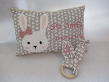★ 35x23 cm Kissen ★ Geburt Hase Mädchen Name Sternchen grau ★ von Lüttentüddel ★