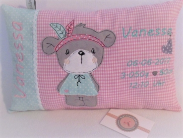ca. 35x25 cm Kissen kleines tapferes Indianer Bär Mädchen Baby Wunschname Geburt Taufe Einschulung Reisekissen von Lüttentüddel