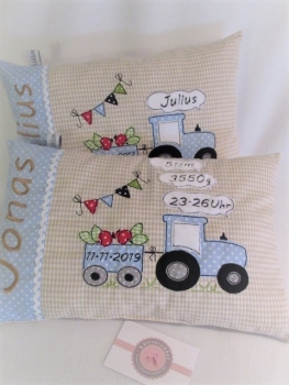 ★ 35x23 cm Kissen Geburt Traktor Trecker Name ★ von Lüttentüddel
