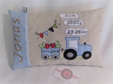 ★ 35x23 cm Kissen Geburt Traktor Trecker Name ★ von Lüttentüddel