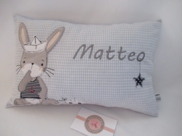 Preview: ★ ca. 35x25 cm Kissen kleiner Hase Matrose Baby Wunschname Geburt Taufe Einschulung KITA Schmusekissen Reisekissen von Lüttentüddel