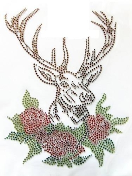 Preview: Tracht Jagd Hirsch Rosen Herz Strass Hotfix Hotglue Bügelbild