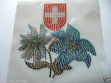 Wappen Schweiz Edelweiss Hotfix Bügelbild Strass Trachten Alpenstyle - Zauberstrass