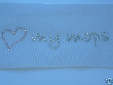 Schriftzug Ilove my Mops mit Herz Strass Bügelbild Hotfix Hotglue
