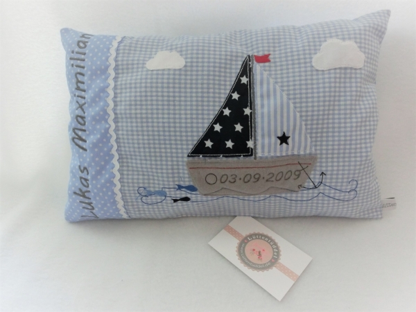 ★ 35x23 cm Kissen Geburt Einschulung KITA Kissen to go Boot Segelboot Name ★ von Lüttentüddel