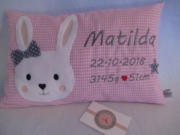 ★ 35x23 cm Kissen Geburt Hase Mädchen Name ★  Einschulung Taufe KITA von Lüttentüddel