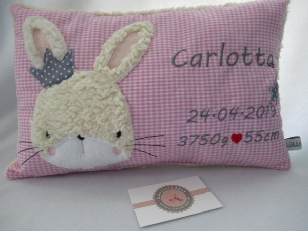 ★ 35x23 cm Kissen Geburt Hase Krone Mädchen Name Einschulung Geburt Reise Taufe★ von Lüttentüddel