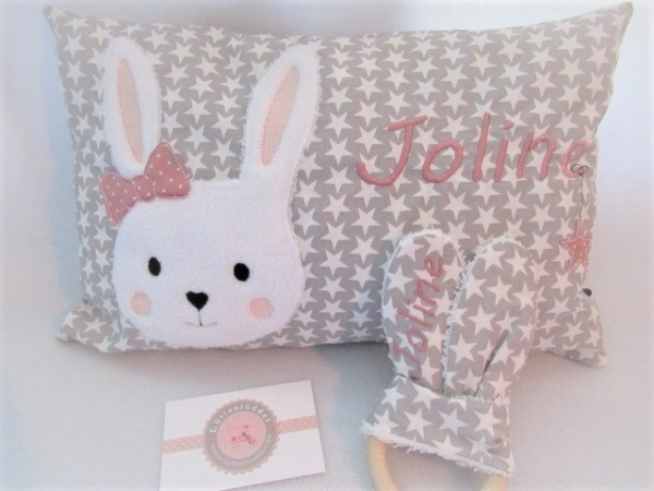 ★ 35x23 cm Kissen ★ Geburt Hase Mädchen Name Sternchen grau ★ von Lüttentüddel ★
