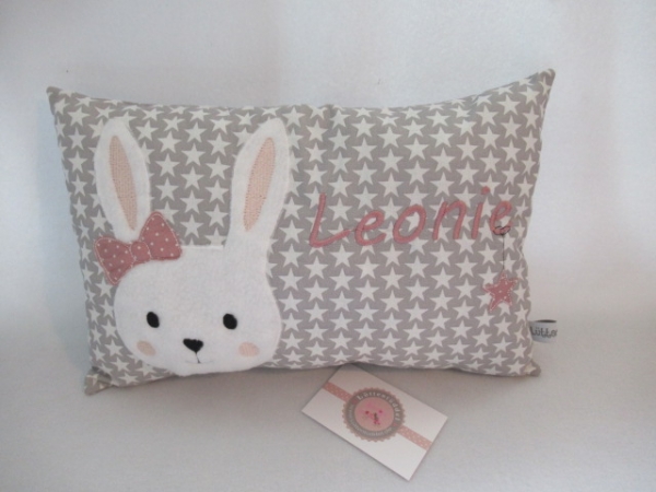 ★ 35x23 cm Kissen ★ Geburt Hase Mädchen Name Sternchen grau ★ von Lüttentüddel ★