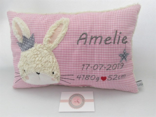 ★ 35x23 cm Kissen Geburt Hase Krone Mädchen Name Einschulung Geburt Reise Taufe★ von Lüttentüddel