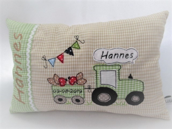 ★ 35x23 cm Kissen Geburt Taufe Einschulung KITA Kissen to go... Schmusekissen Traktor Trecker Name ★ von Lüttentüddel