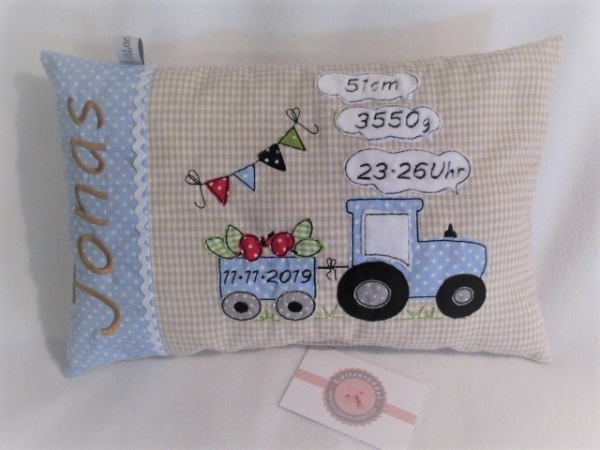 ★ 35x23 cm Kissen Geburt Traktor Trecker Name ★ von Lüttentüddel