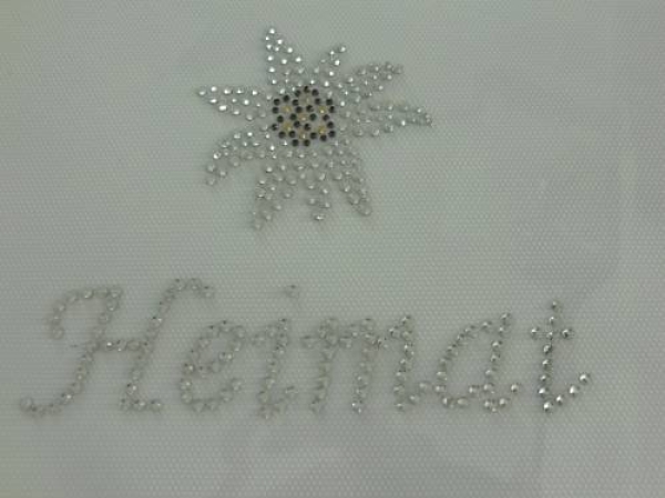 Edelweiss Schriftzug Heimat Strass Hotglue Hotfix Bügelbild Zauberstrass