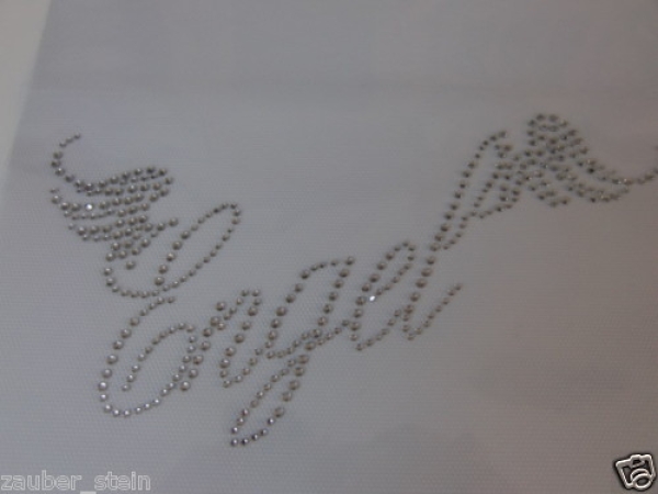 Schriftzug Engel mit Flügeln Strass Bügelbild Hotfix Hotglue