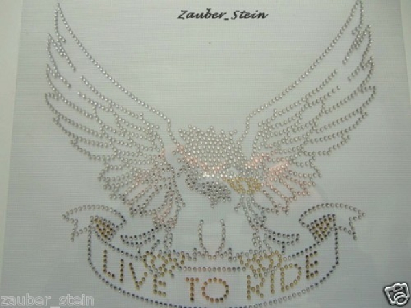 Live to Ride Adler Wappen Motorrad  Strass Hotfix Hotglue Bügelbild