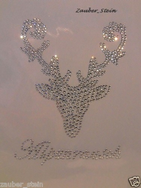 Wiesn Hirsch mit Schriftzug Alpenrausch Strass Bügelbild Hotfix Hotglue