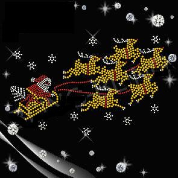 Hirsch Hirsche mit Schlitten und Weihnachtsmann Strass Bügelbild Hotfix Hotglue